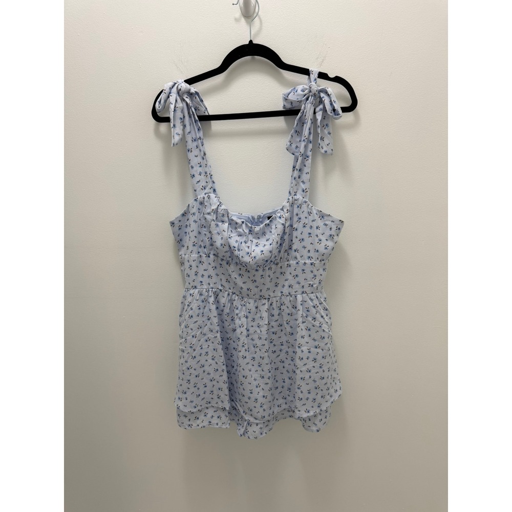 Trixxi Light Blue Floral Tie Shoulder Ruffle Romper XL Sweetheart Neckline